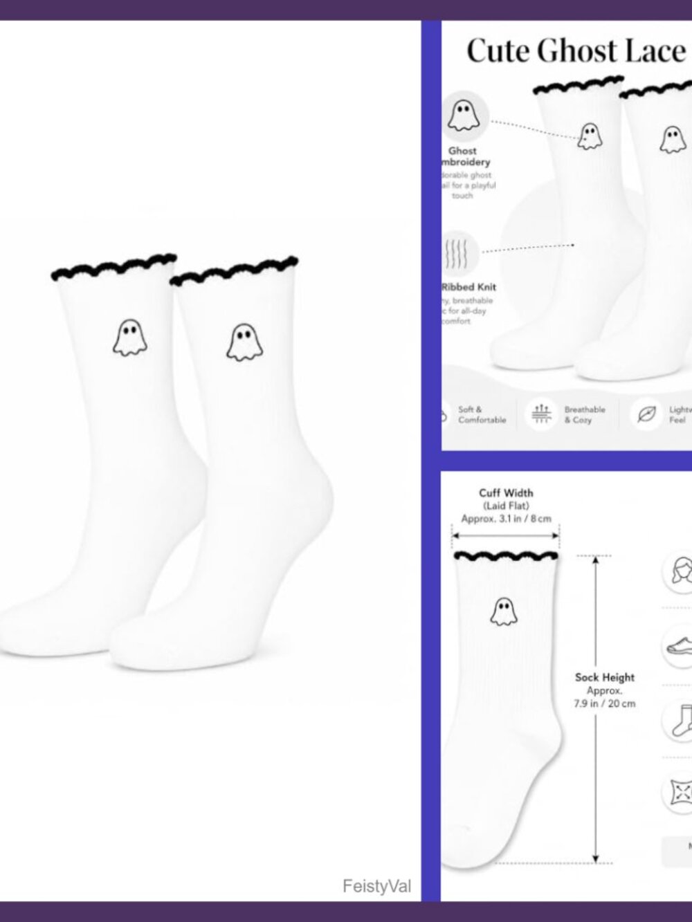 Embroidered Ghost Crew Socks Scalloped Cuff Women's One Size Cotton